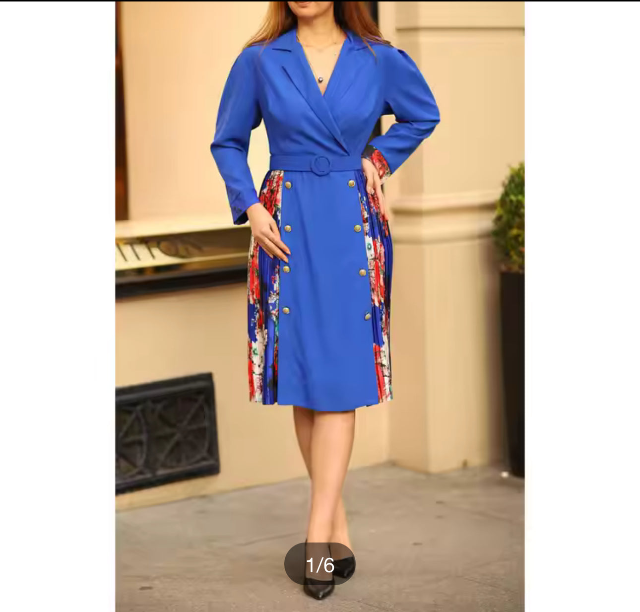 Women's Blue Mini Length Pleat Detail Floral Pattern Plus Size Dress