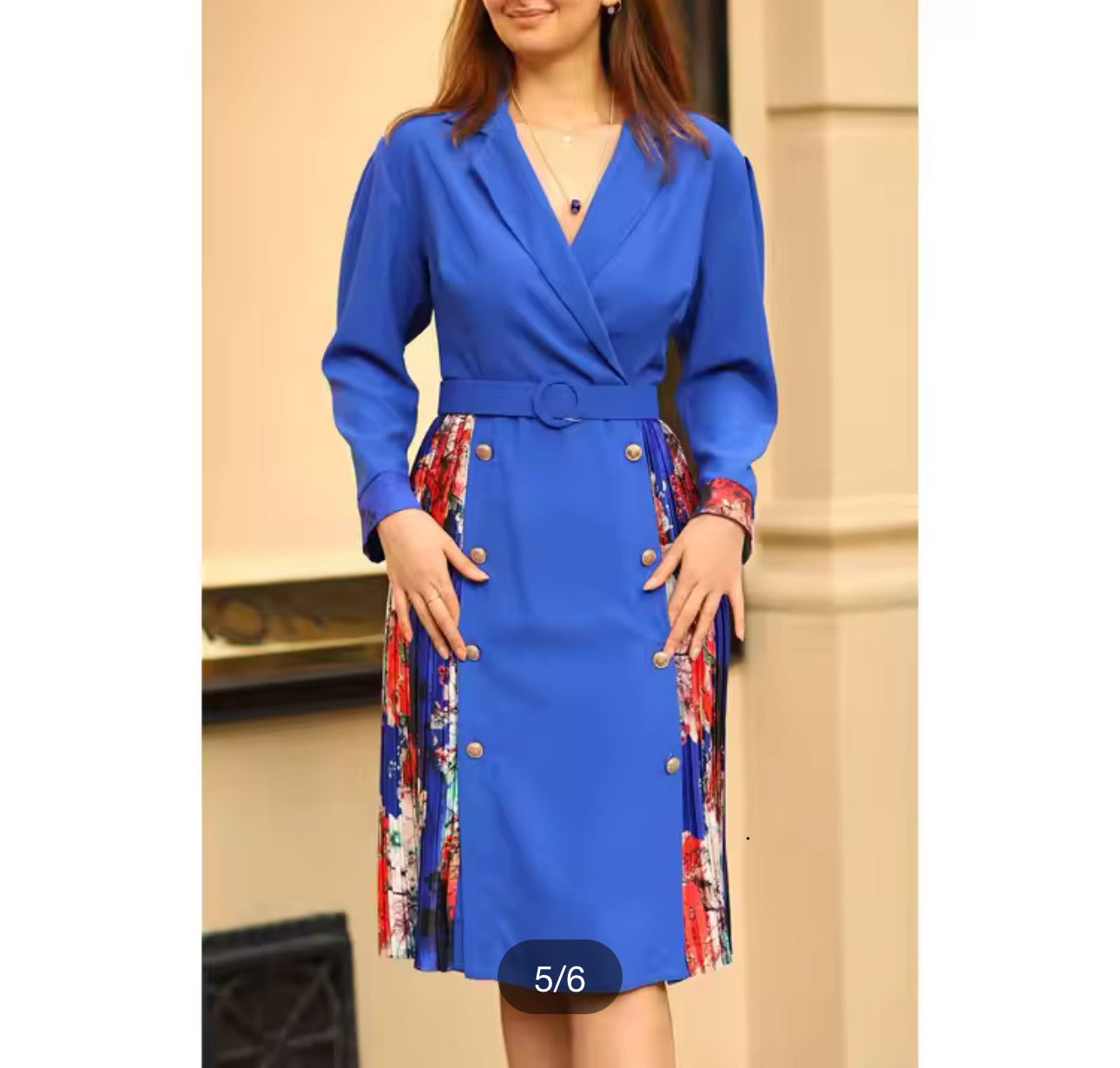 Women's Blue Mini Length Pleat Detail Floral Pattern Plus Size Dress